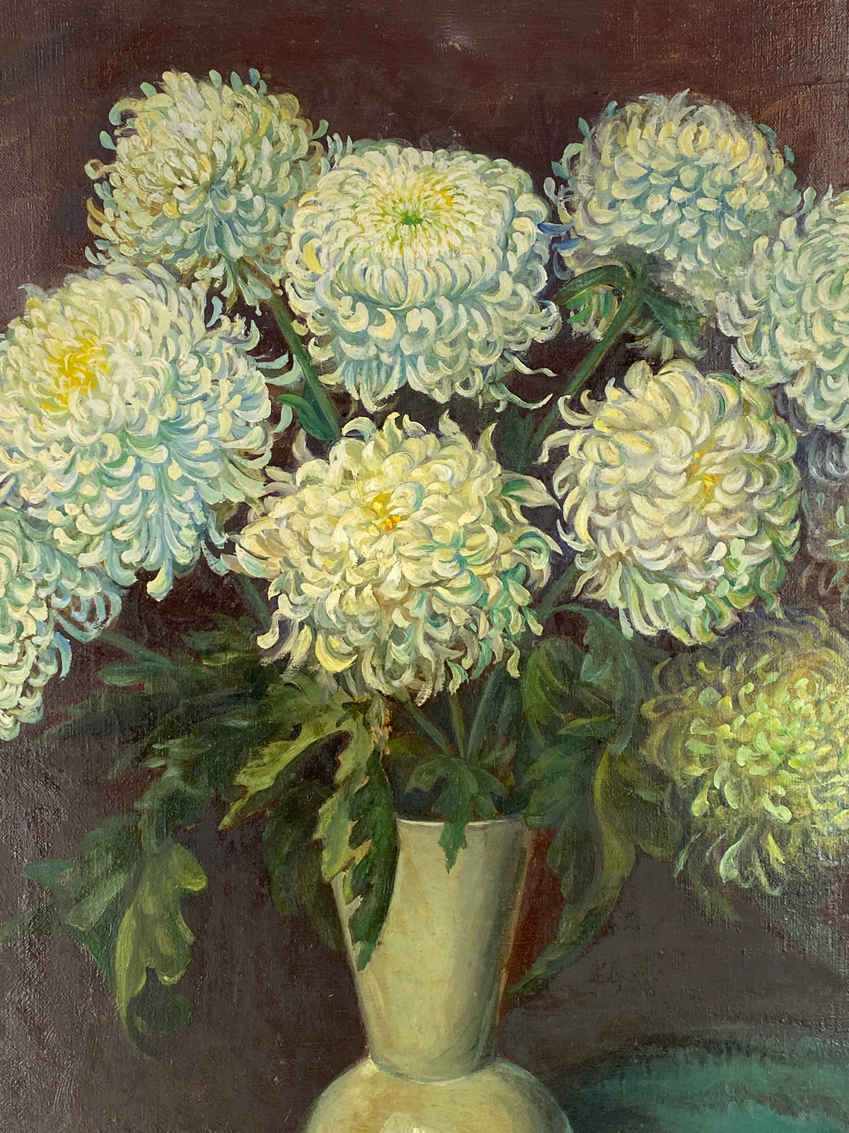 Ölgemälde "Blumenstillleben mit weißen Chrysanthemen" von A. Jascenko, 1943