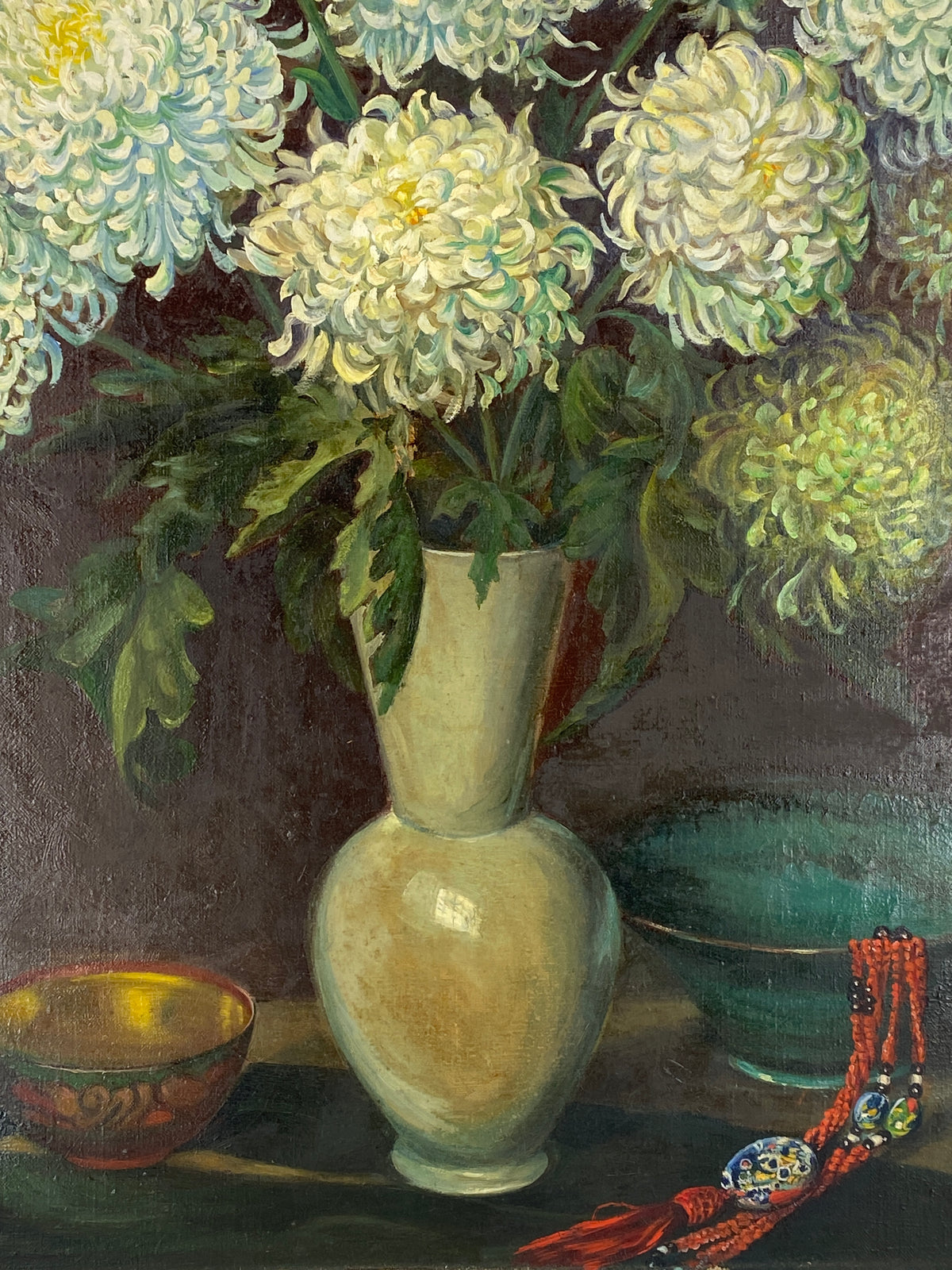 Ölgemälde "Blumenstillleben mit weißen Chrysanthemen" von A. Jascenko, 1943