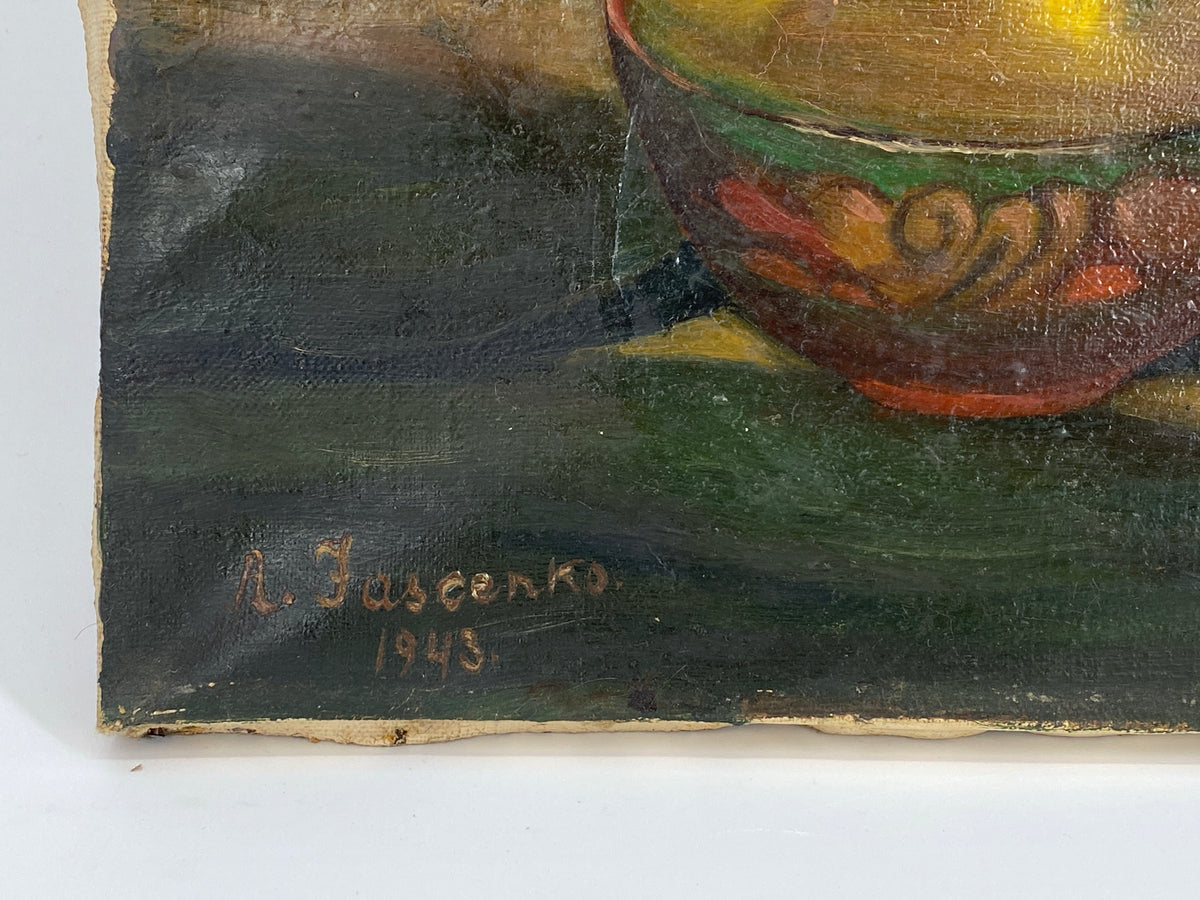 Ölgemälde "Blumenstillleben mit weißen Chrysanthemen" von A. Jascenko, 1943