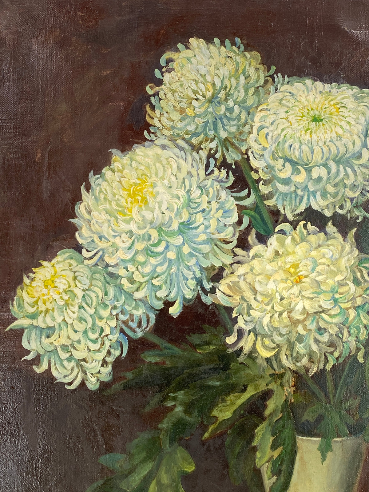 Ölgemälde "Blumenstillleben mit weißen Chrysanthemen" von A. Jascenko, 1943