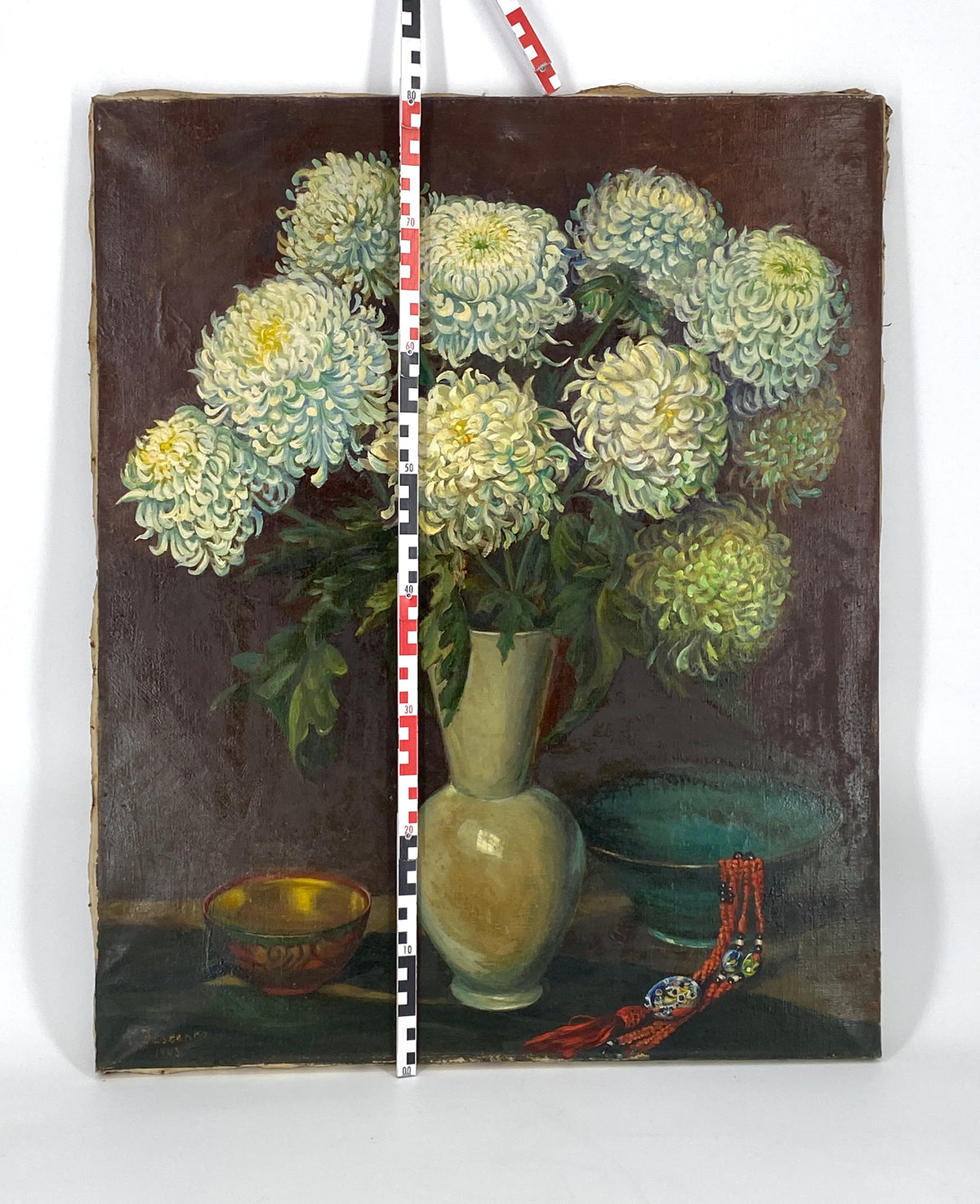 Ölgemälde "Blumenstillleben mit weißen Chrysanthemen" von A. Jascenko, 1943