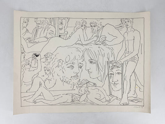 Signierte Tuschezeichnung von Straub, antike Szenen und Akte, 1976