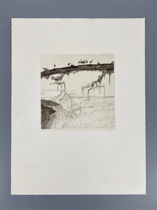 Radierung "Flamingos auf einem Baumstamm" von Wenzel Hablik, 1909/1973