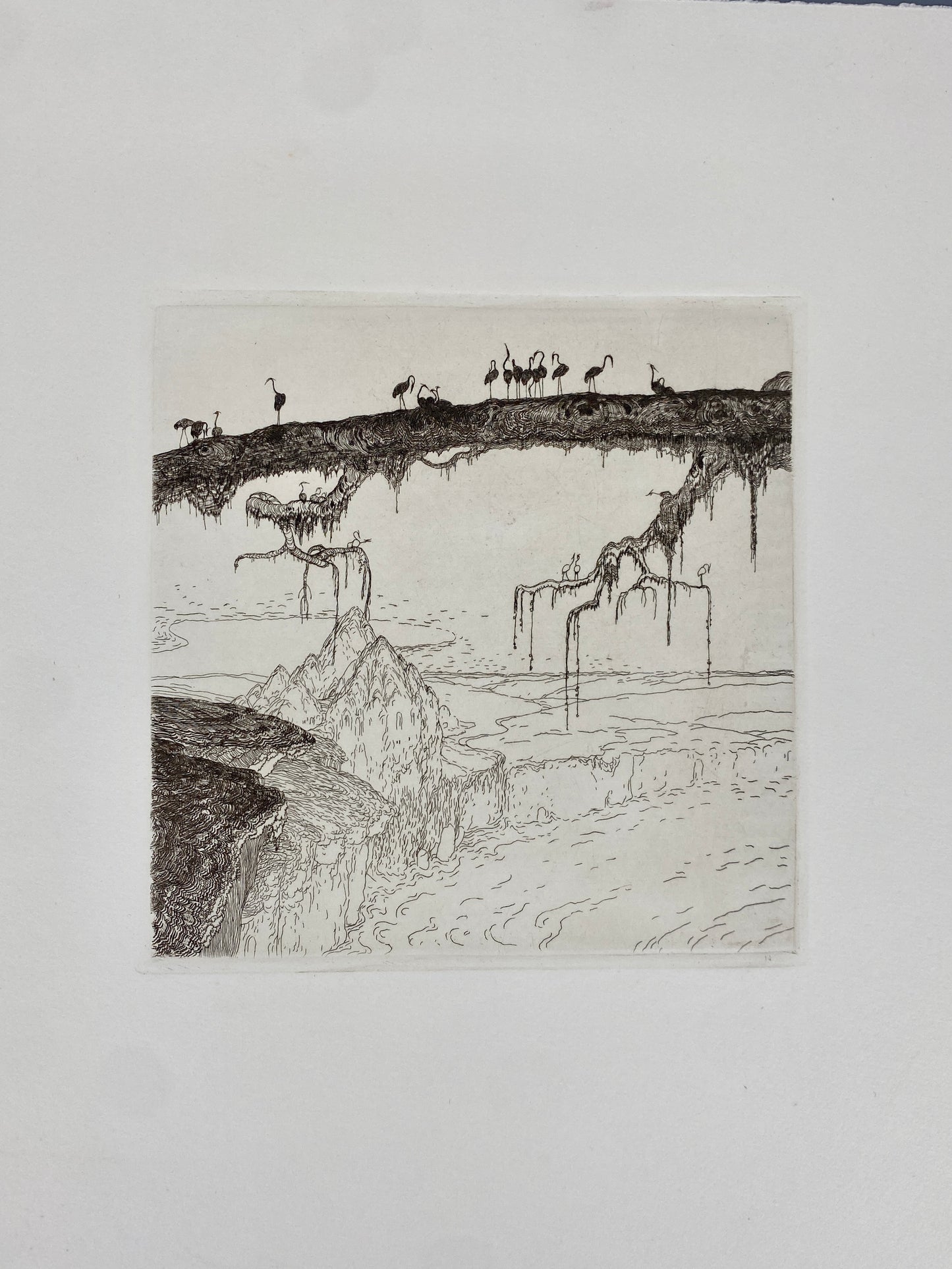Radierung "Flamingos auf einem Baumstamm" von Wenzel Hablik, 1909/1973