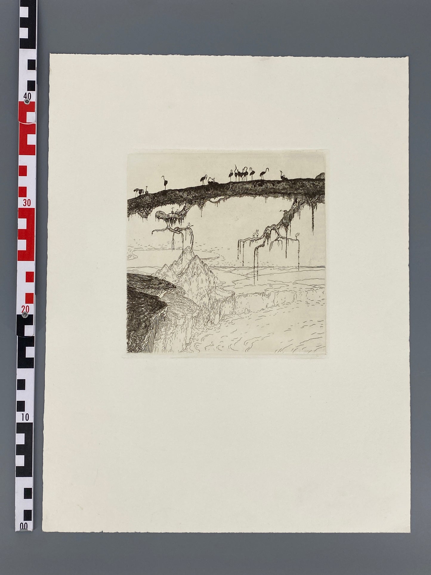 Radierung "Flamingos auf einem Baumstamm" von Wenzel Hablik, 1909/1973