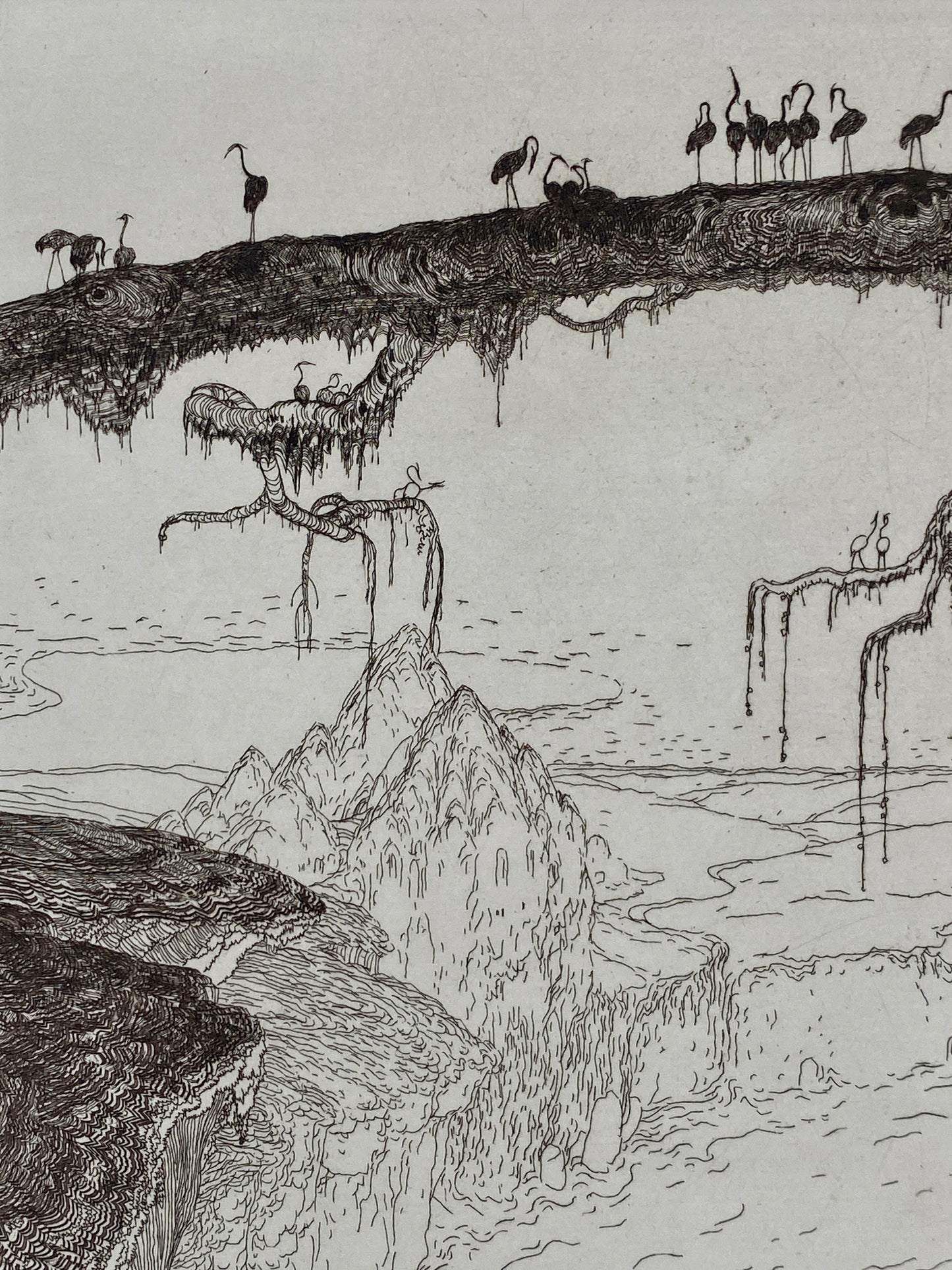Radierung "Flamingos auf einem Baumstamm" von Wenzel Hablik, 1909/1973