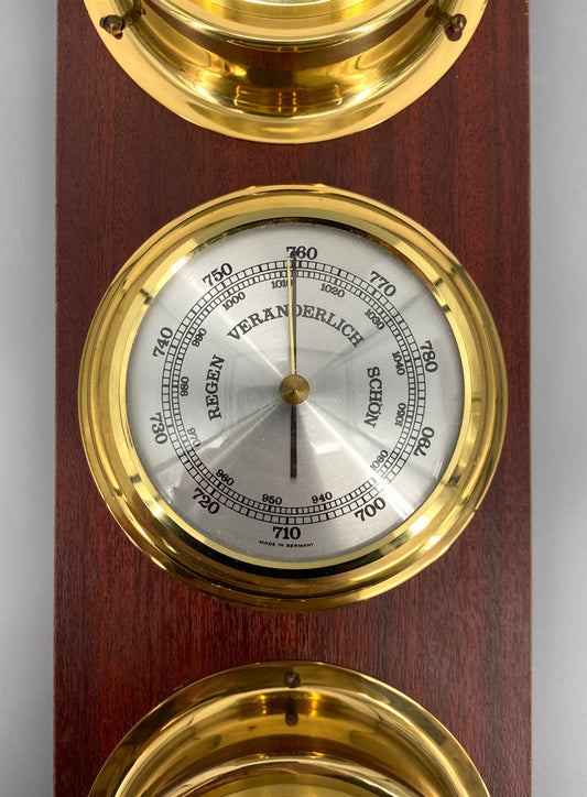 Wetterstation aus Mahagoni Holz mit Quarzuhr, Barometer und Hygro- und Thermometer