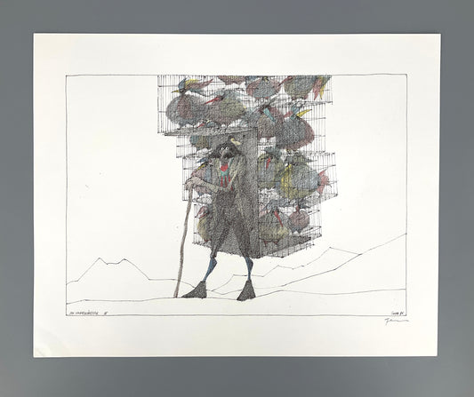 Farboffsetdruck "Ein Vogelhändler III" von Paul Flora (1922–2009), 1986