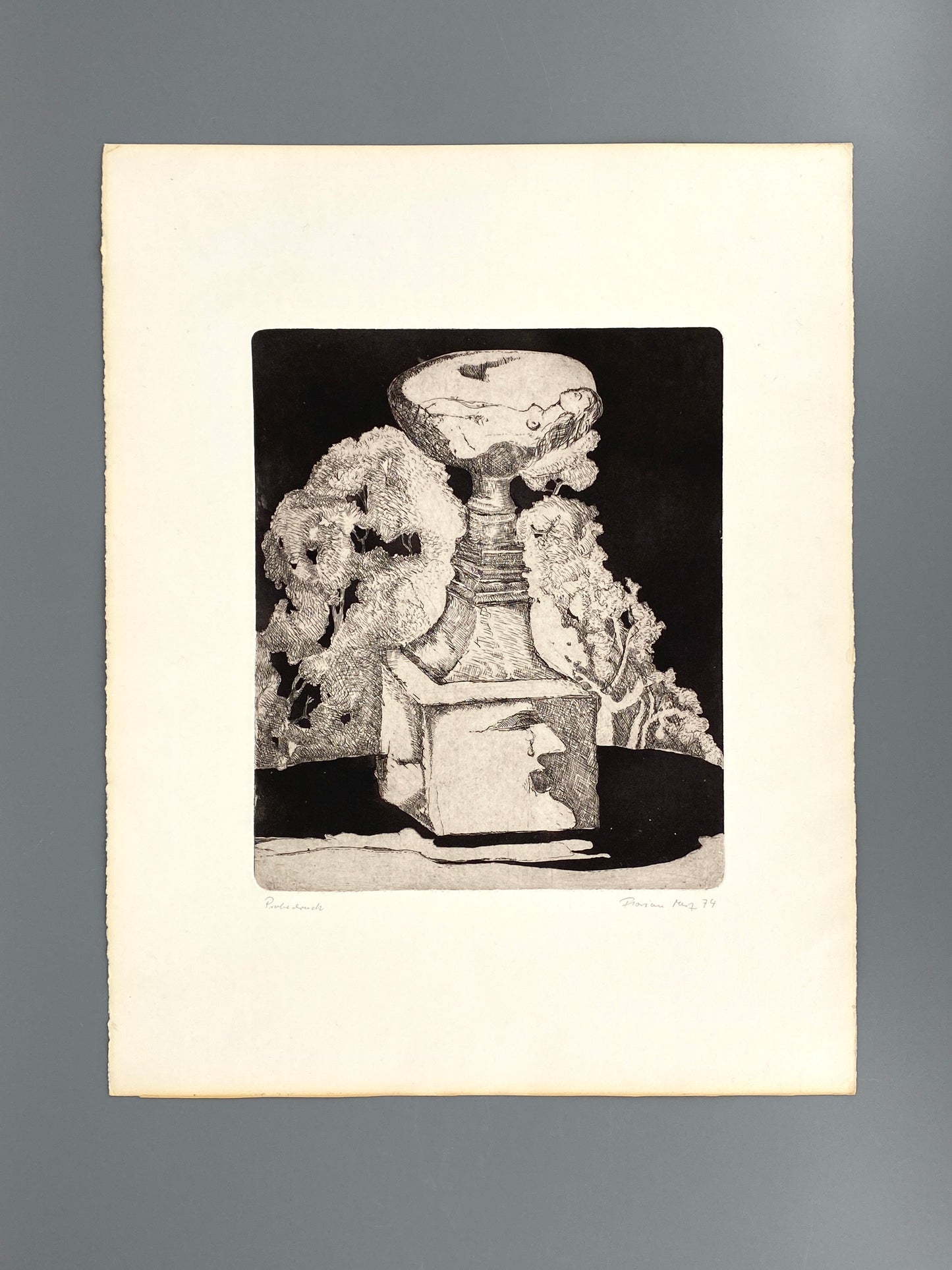 Surrealistische Radierung von Florian Merz, 1974