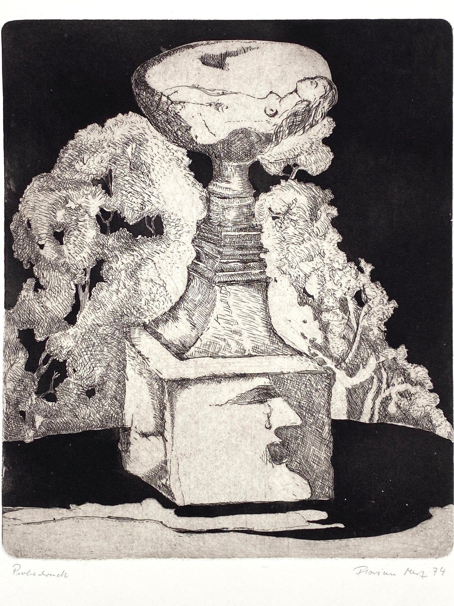 Surrealistische Radierung von Florian Merz, 1974