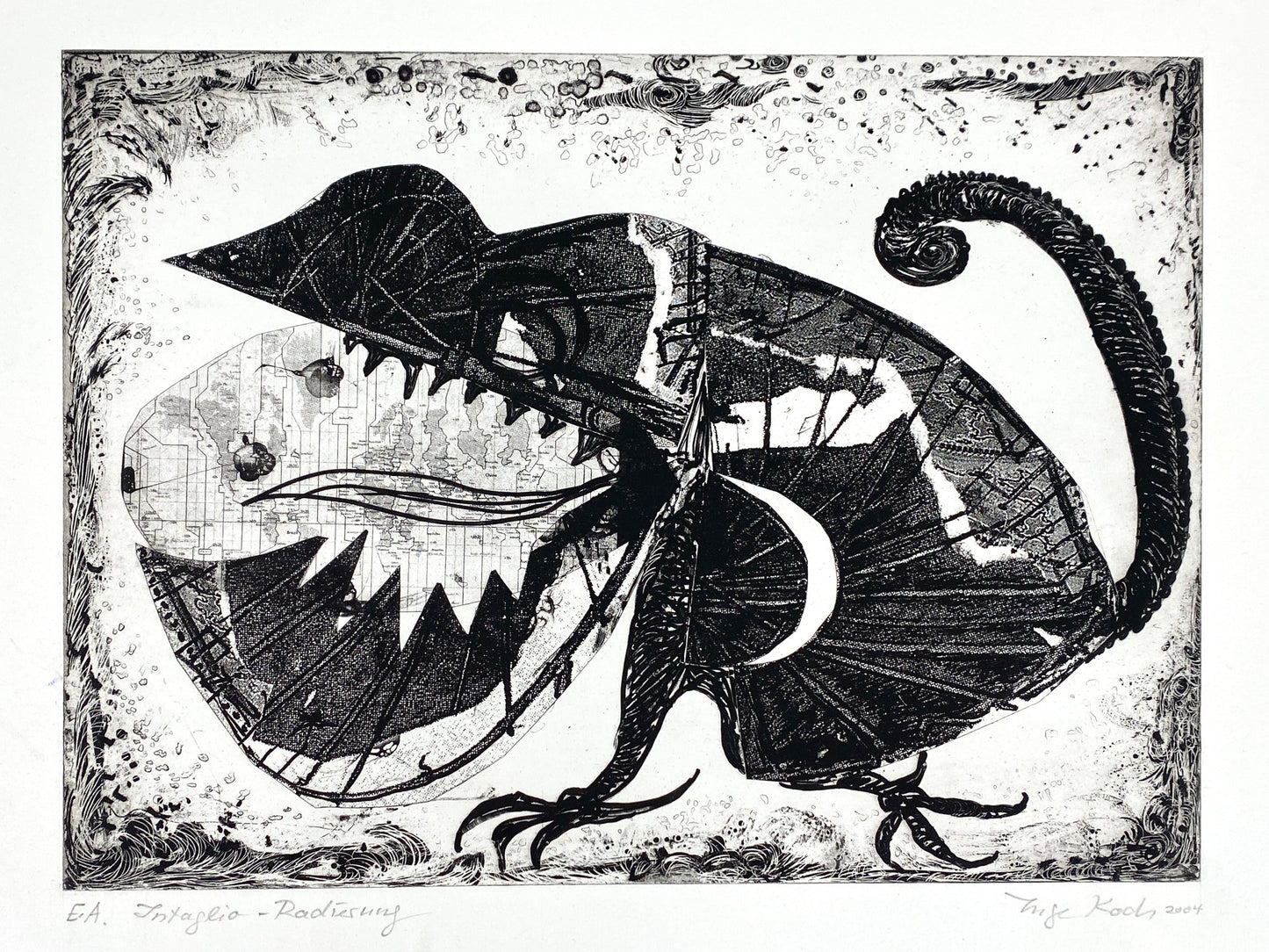 Spektakuläre Radiercollage mit einem Chamäleon von Inge Koch (1934–2016), 2004