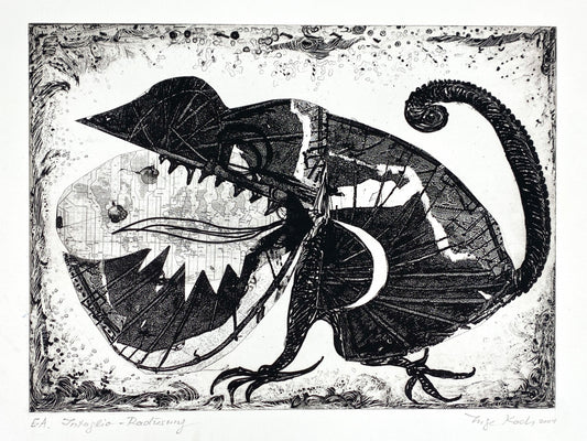 Spektakuläre Radiercollage mit einem Chamäleon von Inge Koch (1934–2016), 2004