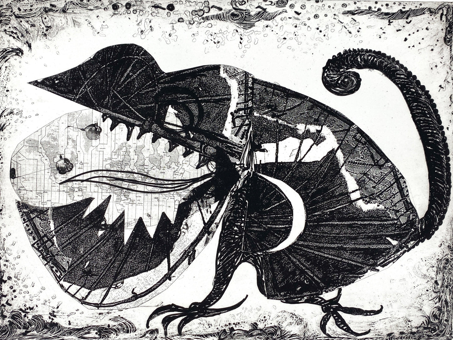 Spektakuläre Radiercollage mit einem Chamäleon von Inge Koch (1934–2016), 2004