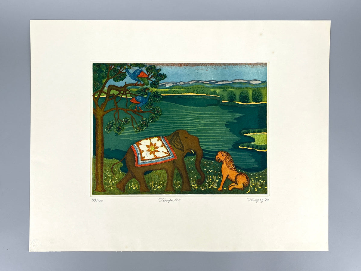 Farbenfrohe Radierung "Tierfabel" mit Aqautinta-Elementen von Charlotte Herzog von Berg, 1979