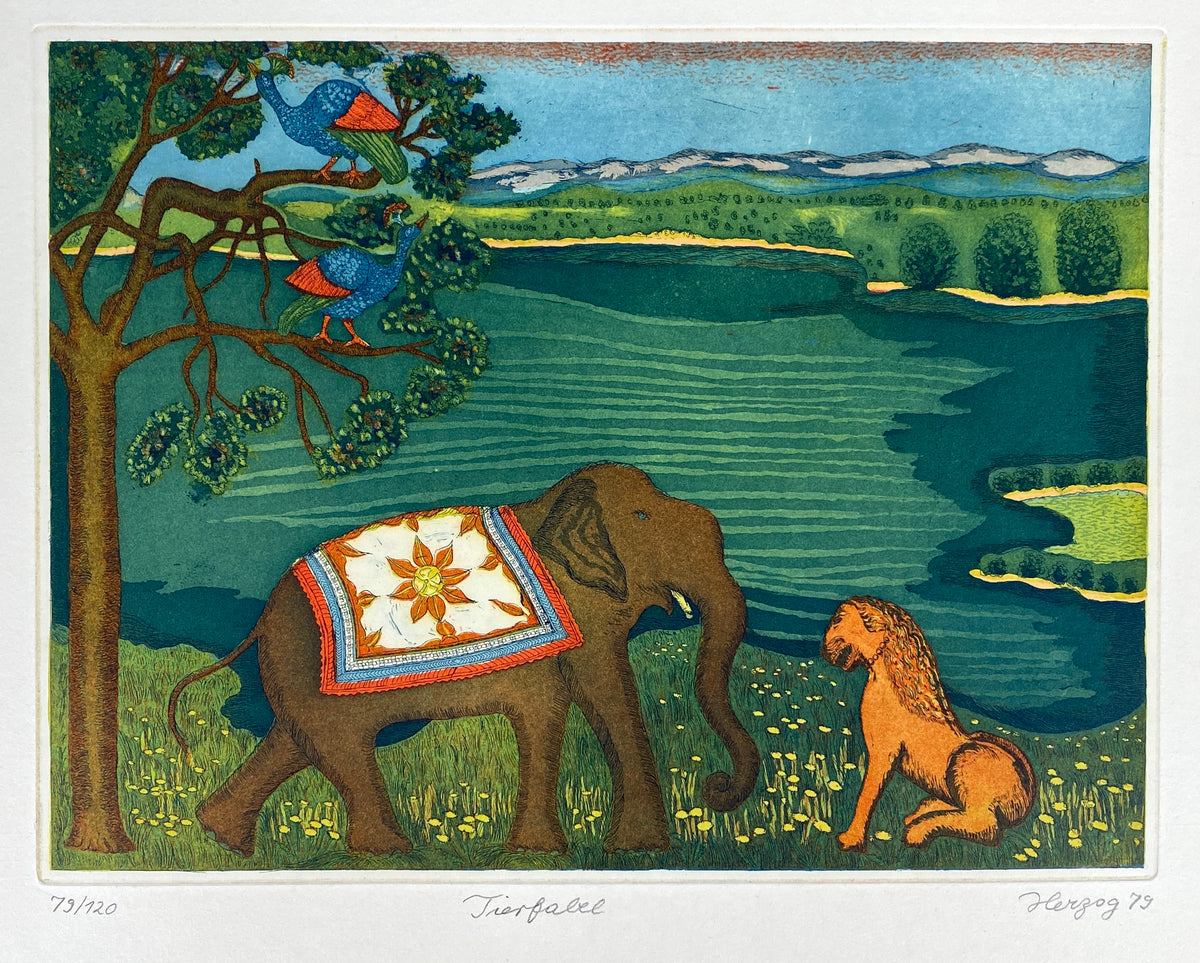 Farbenfrohe Radierung "Tierfabel" mit Aqautinta-Elementen von Charlotte Herzog von Berg, 1979