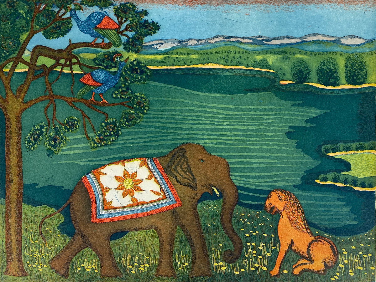 Farbenfrohe Radierung "Tierfabel" mit Aqautinta-Elementen von Charlotte Herzog von Berg, 1979