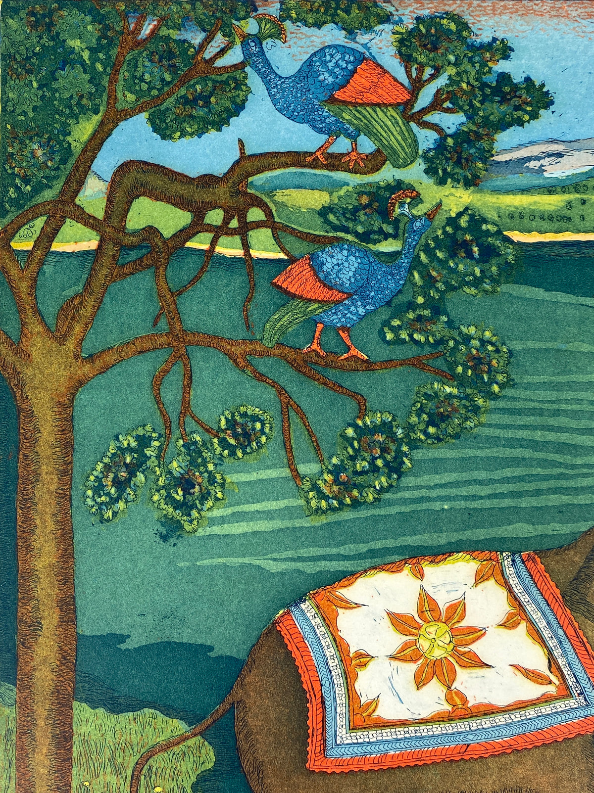 Farbenfrohe Radierung "Tierfabel" mit Aqautinta-Elementen von Charlotte Herzog von Berg, 1979