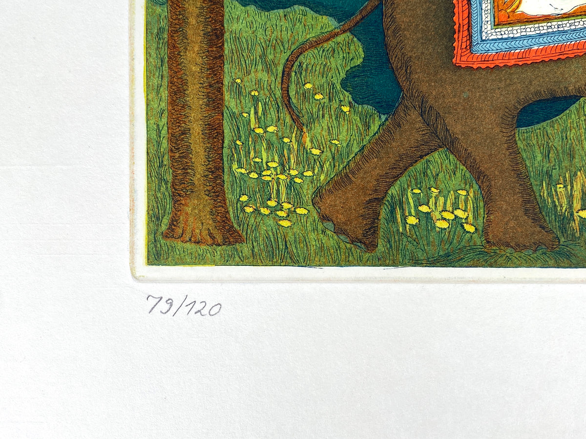 Farbenfrohe Radierung "Tierfabel" mit Aqautinta-Elementen von Charlotte Herzog von Berg, 1979