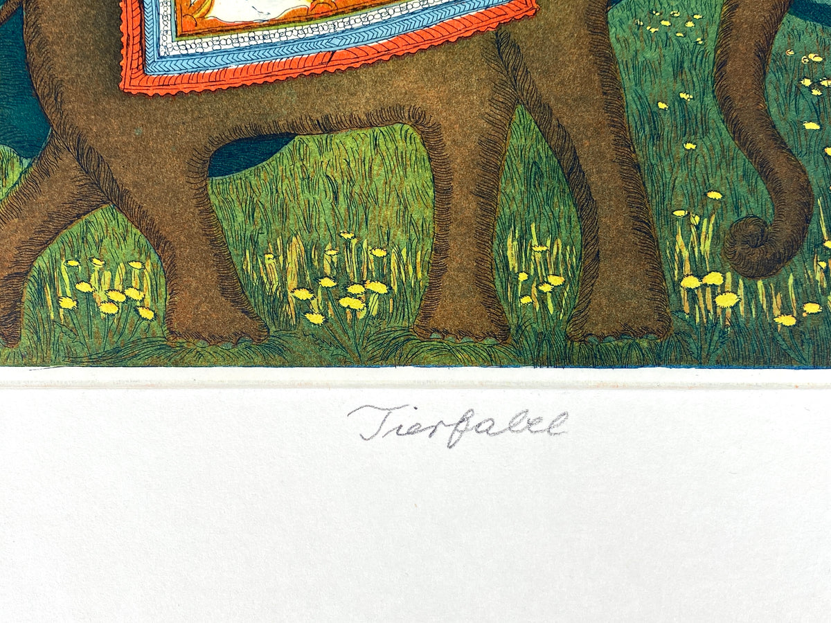 Farbenfrohe Radierung "Tierfabel" mit Aqautinta-Elementen von Charlotte Herzog von Berg, 1979
