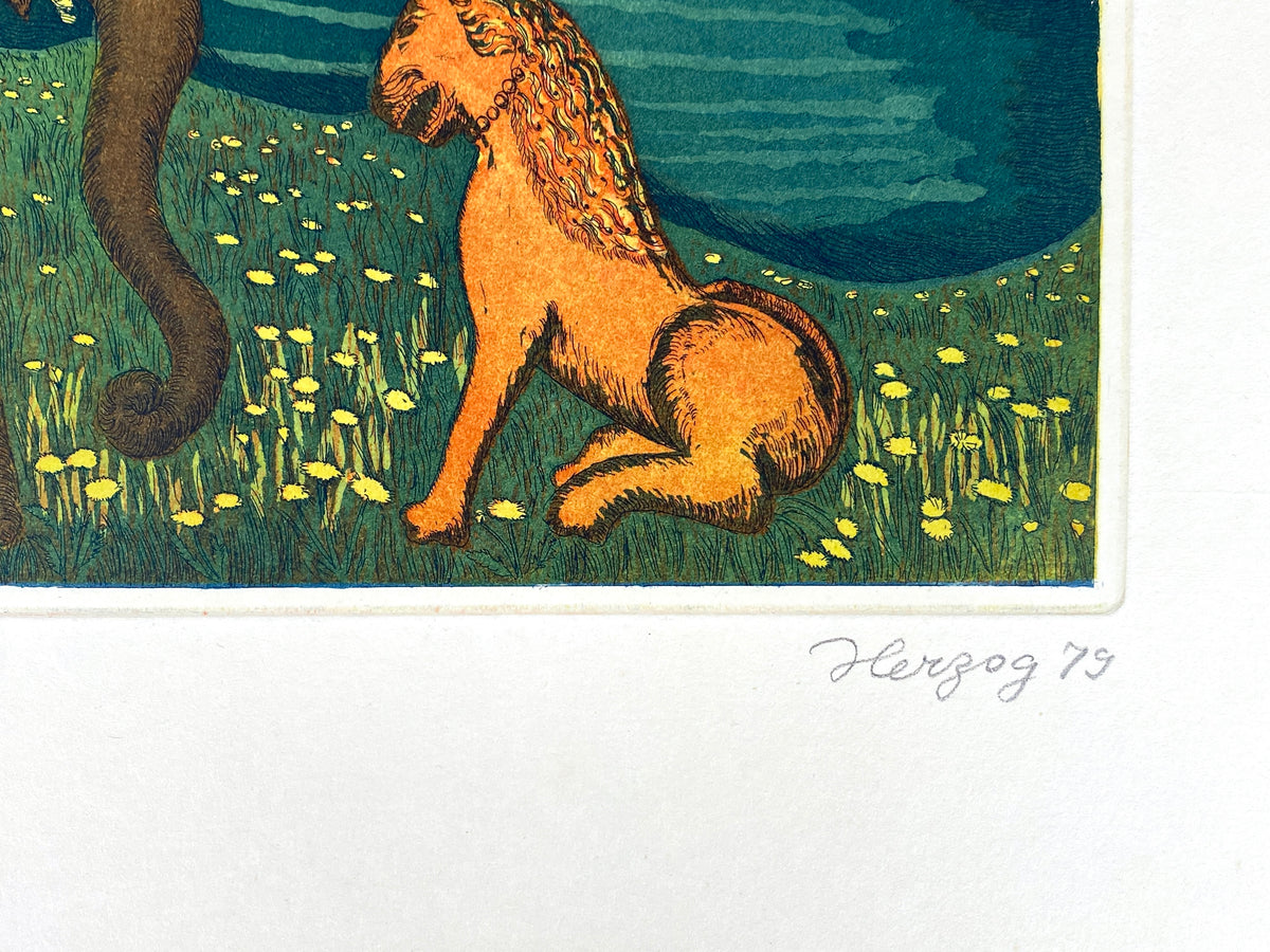 Farbenfrohe Radierung "Tierfabel" mit Aqautinta-Elementen von Charlotte Herzog von Berg, 1979