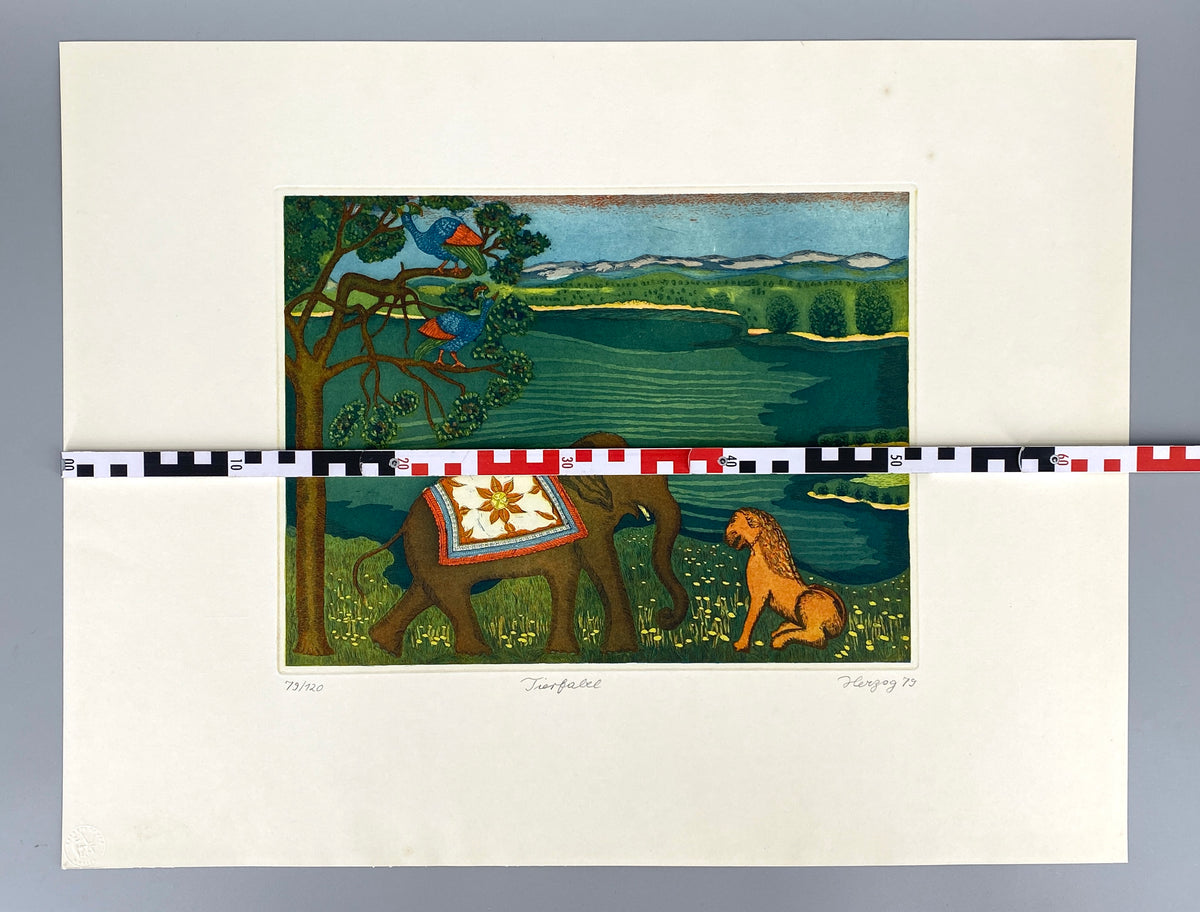 Farbenfrohe Radierung "Tierfabel" mit Aqautinta-Elementen von Charlotte Herzog von Berg, 1979