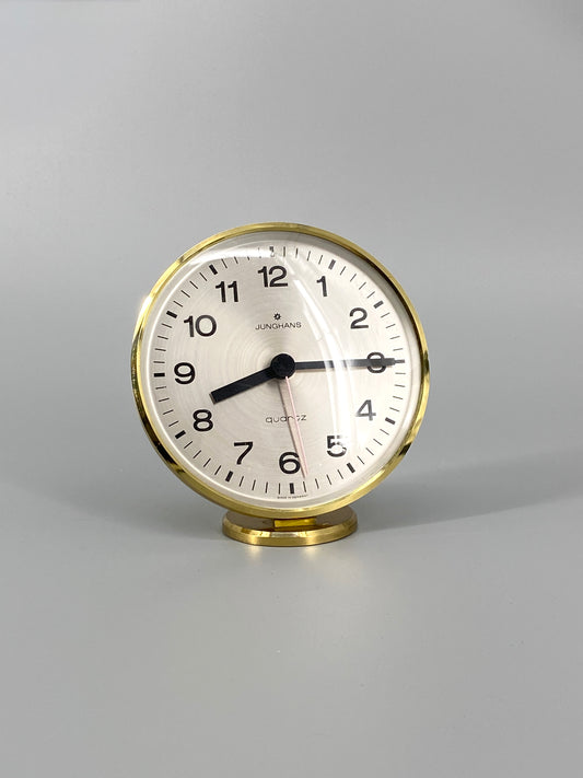 goldene, runde Tischuhr von Junghans, Quartz Uhrwerk, 70er