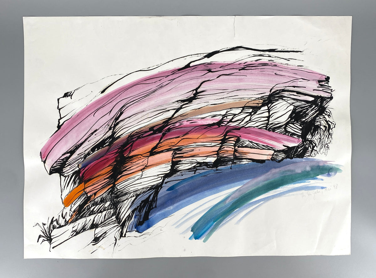 Großes, expressives Gemälde von Helga Engeln (1943–2024), abstrahierte Landschaftsansicht mit einer Darstellung von Felsen, 1998