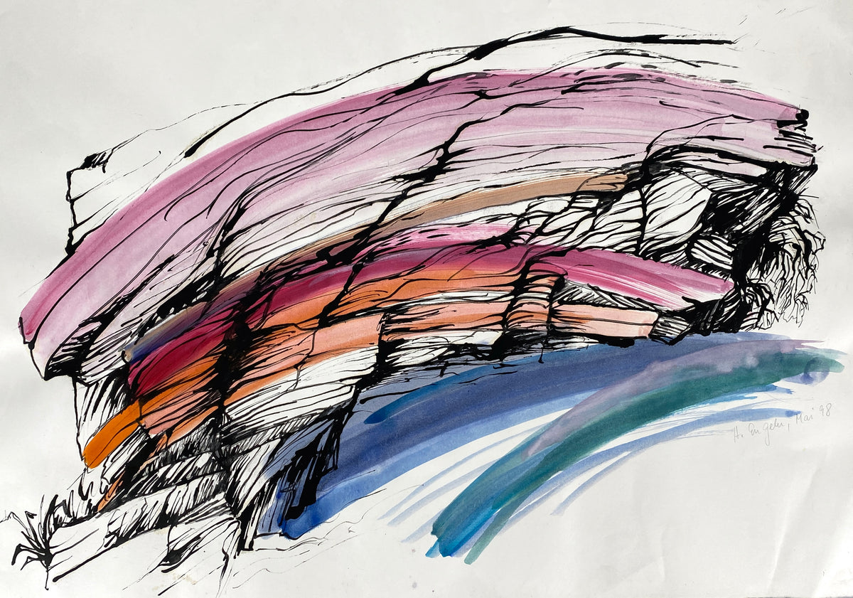 Großes, expressives Gemälde von Helga Engeln (1943–2024), abstrahierte Landschaftsansicht mit einer Darstellung von Felsen, 1998