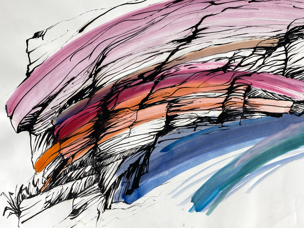 Großes, expressives Gemälde von Helga Engeln (1943–2024), abstrahierte Landschaftsansicht mit einer Darstellung von Felsen, 1998