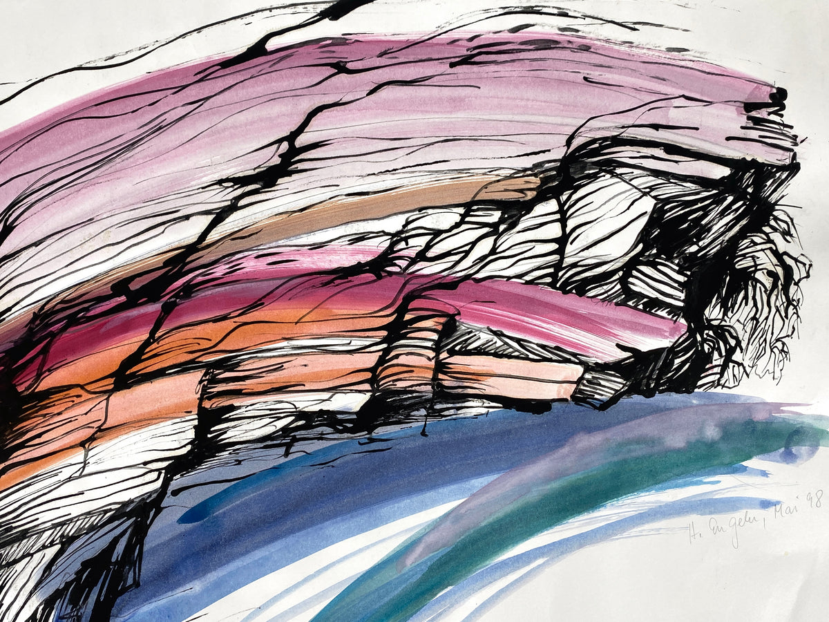 Großes, expressives Gemälde von Helga Engeln (1943–2024), abstrahierte Landschaftsansicht mit einer Darstellung von Felsen, 1998