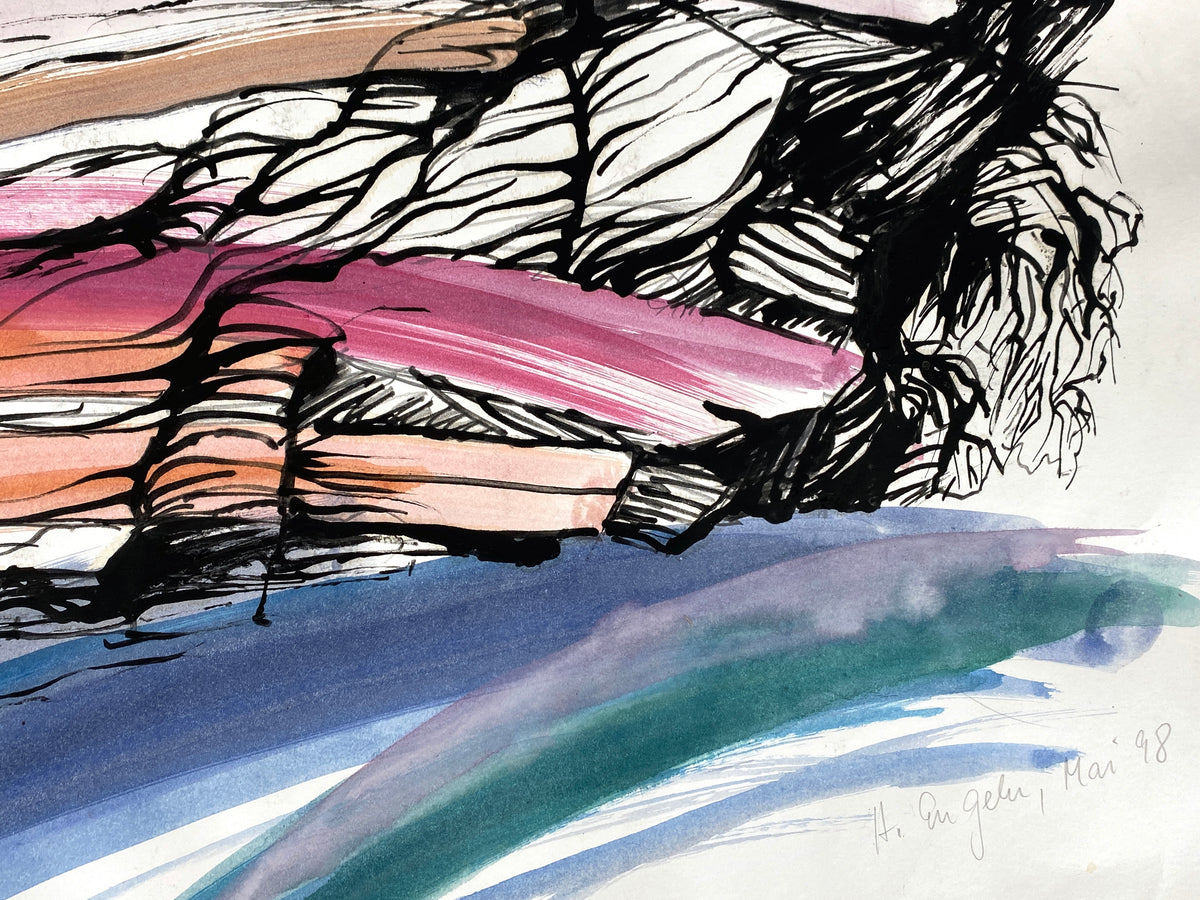 Großes, expressives Gemälde von Helga Engeln (1943–2024), abstrahierte Landschaftsansicht mit einer Darstellung von Felsen, 1998
