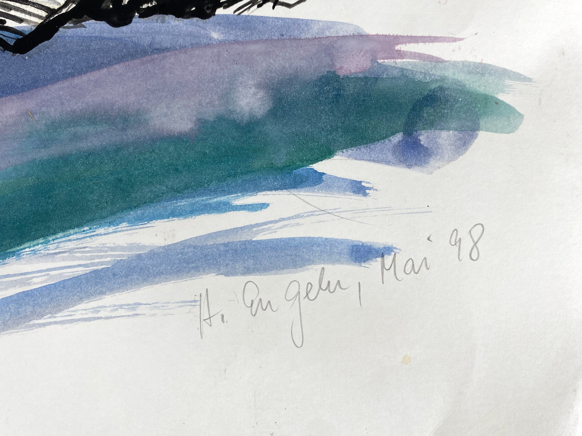 Großes, expressives Gemälde von Helga Engeln (1943–2024), abstrahierte Landschaftsansicht mit einer Darstellung von Felsen, 1998