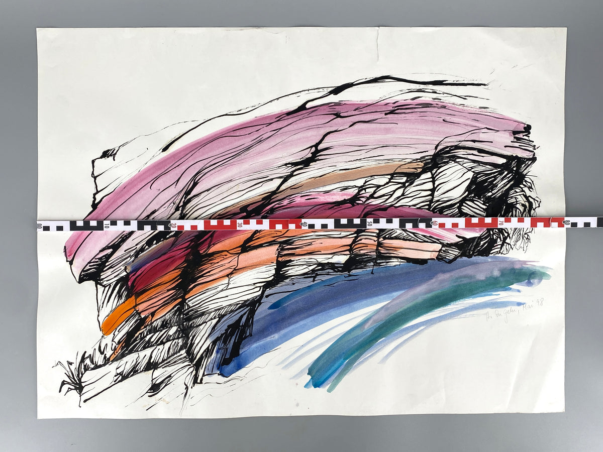 Großes, expressives Gemälde von Helga Engeln (1943–2024), abstrahierte Landschaftsansicht mit einer Darstellung von Felsen, 1998