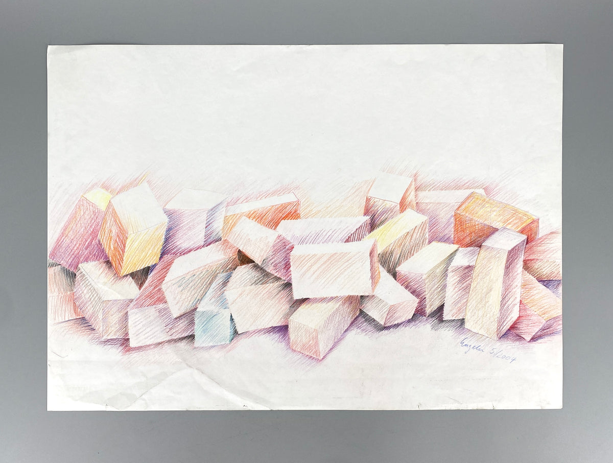 Farbenfrohe Buntstiftzeichnung mit Klötzen von Helga Engeln (1943–2024), 2004