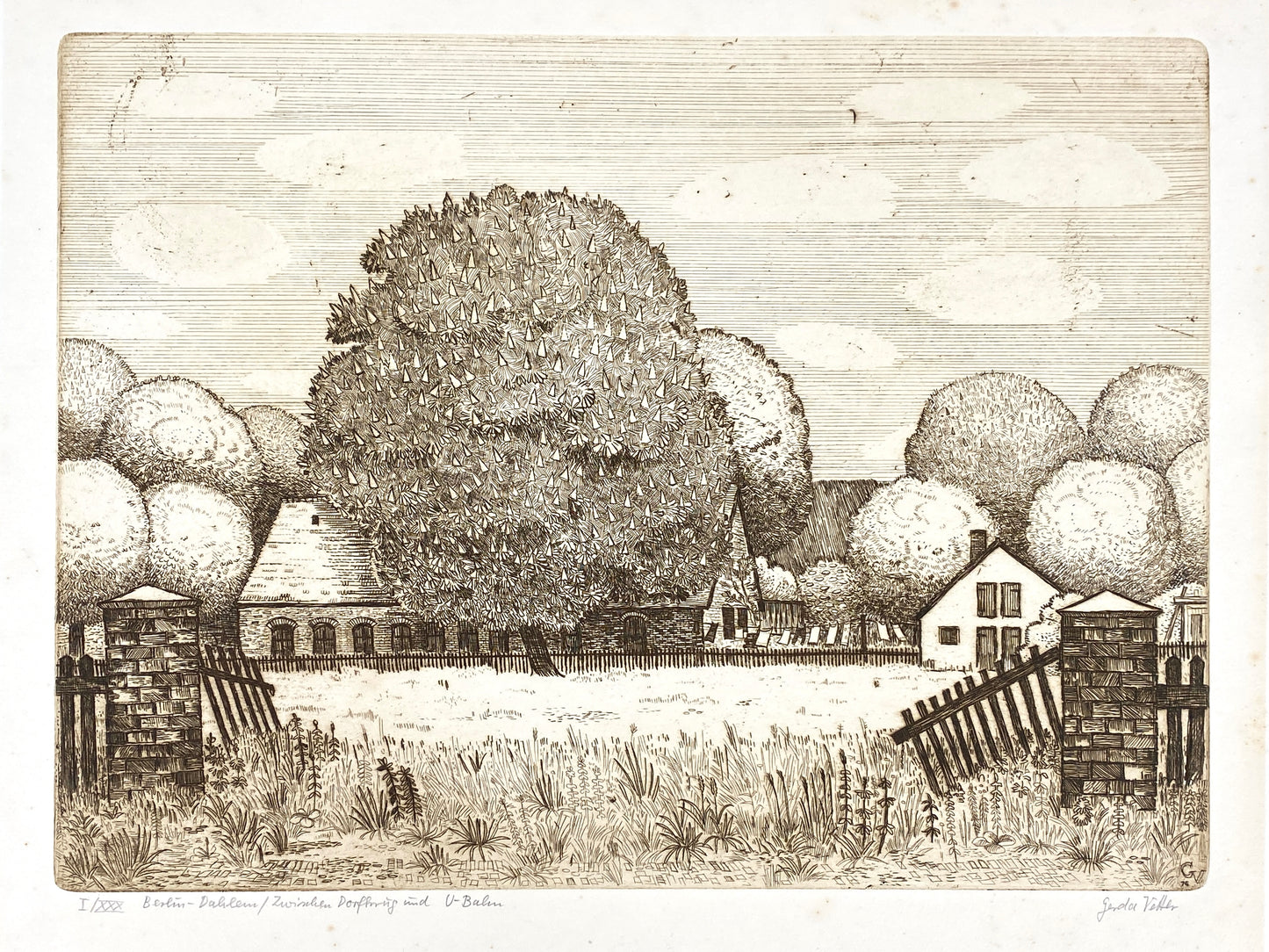 Radierung mit Plattenton "Berlin – Dahlem / Zwischen Dorfkrug und U-Bahn" von Gerda Vetter, 1976