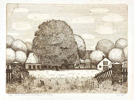 Radierung mit Plattenton "Berlin – Dahlem / Zwischen Dorfkrug und U-Bahn" von Gerda Vetter, 1976