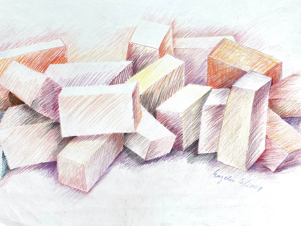 Farbenfrohe Buntstiftzeichnung mit Klötzen von Helga Engeln (1943–2024), 2004
