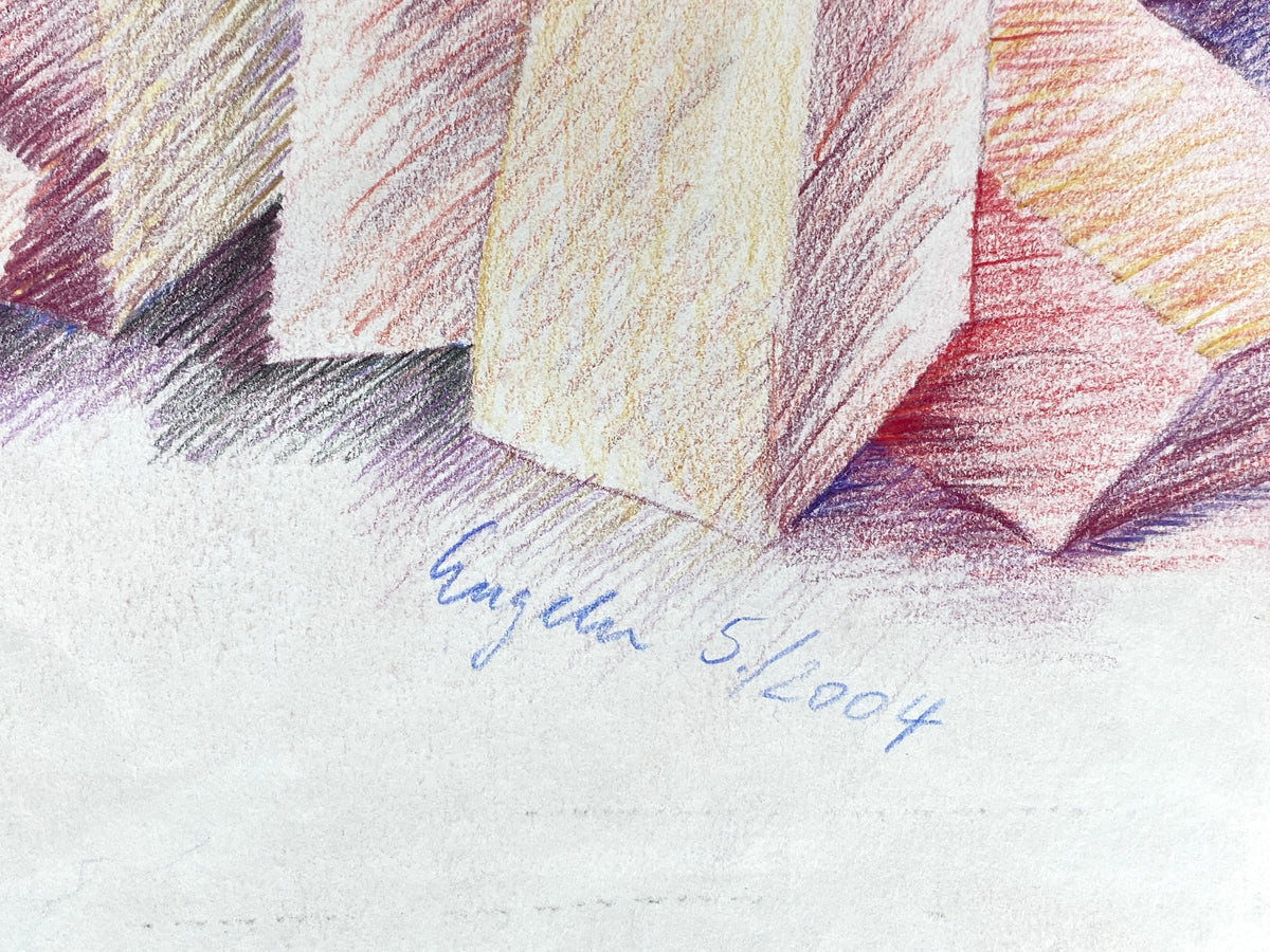 Farbenfrohe Buntstiftzeichnung mit Klötzen von Helga Engeln (1943–2024), 2004