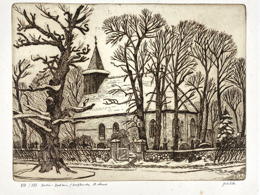 Radierung mit Plattenton "Berlin – Dahlem / Dorfkirche St. Anna" von Gerda Vetter, ca. 1976