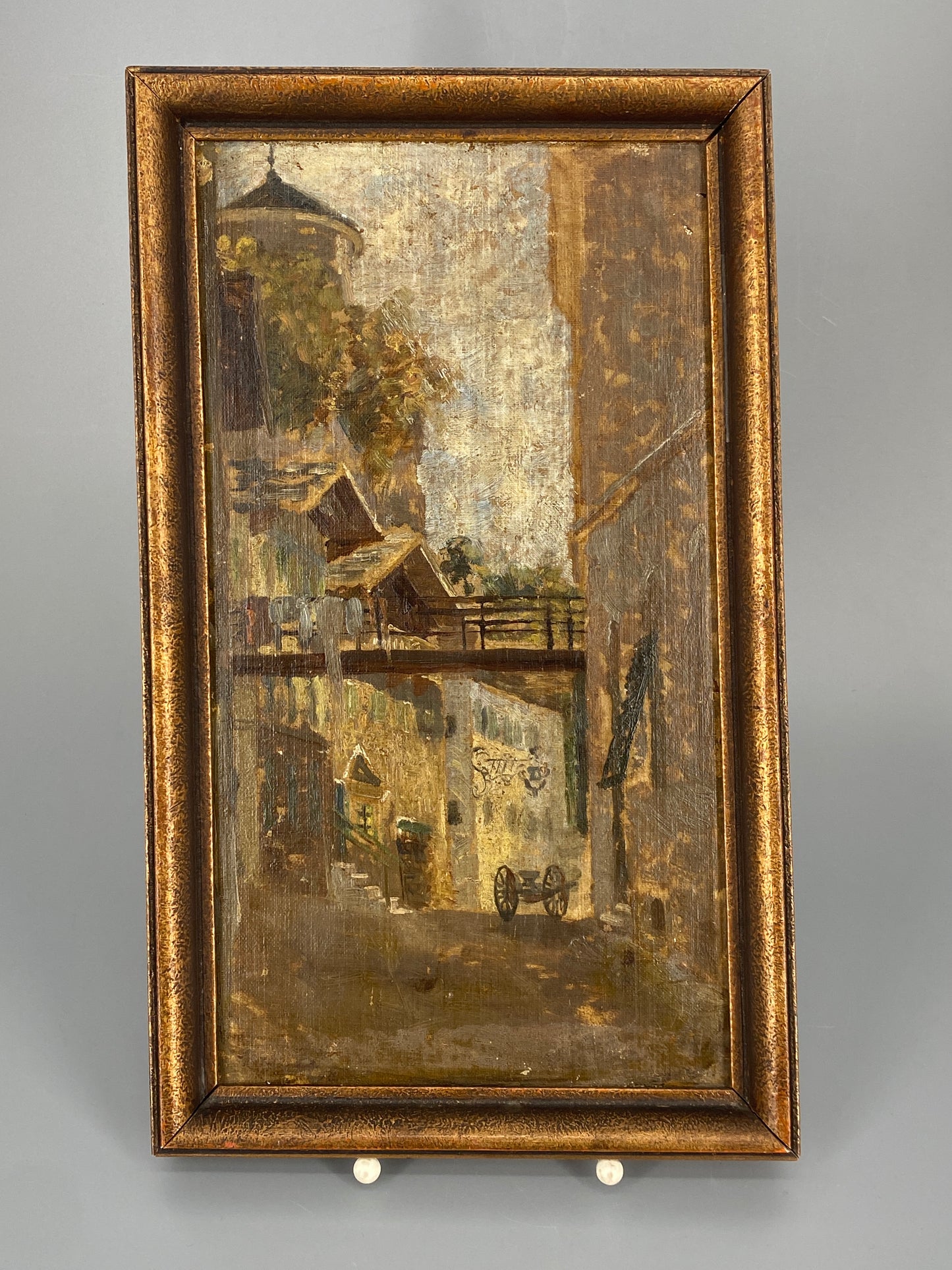 Antikes Ölgemälde "Straßenansicht" auf dünner Sperrholzplatte, vermutlich von Adolf Eduard Storck (1854–1913)