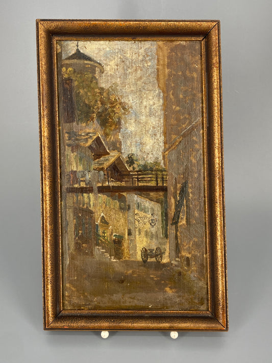 Antikes Ölgemälde "Straßenansicht" auf dünner Sperrholzplatte, vermutlich von Adolf Eduard Storck (1854–1913)