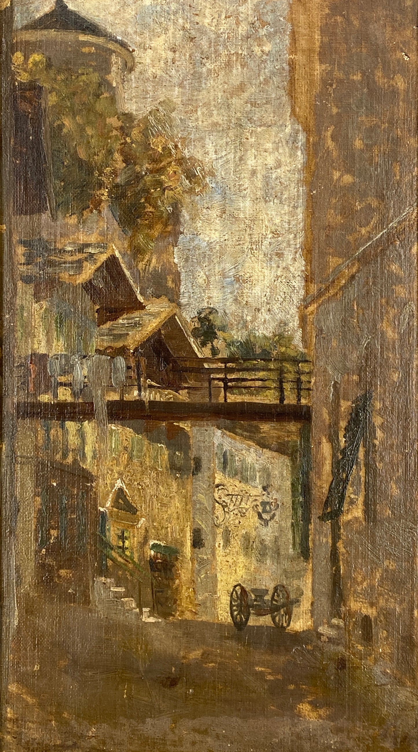 Antikes Ölgemälde "Straßenansicht" auf dünner Sperrholzplatte, vermutlich von Adolf Eduard Storck (1854–1913)