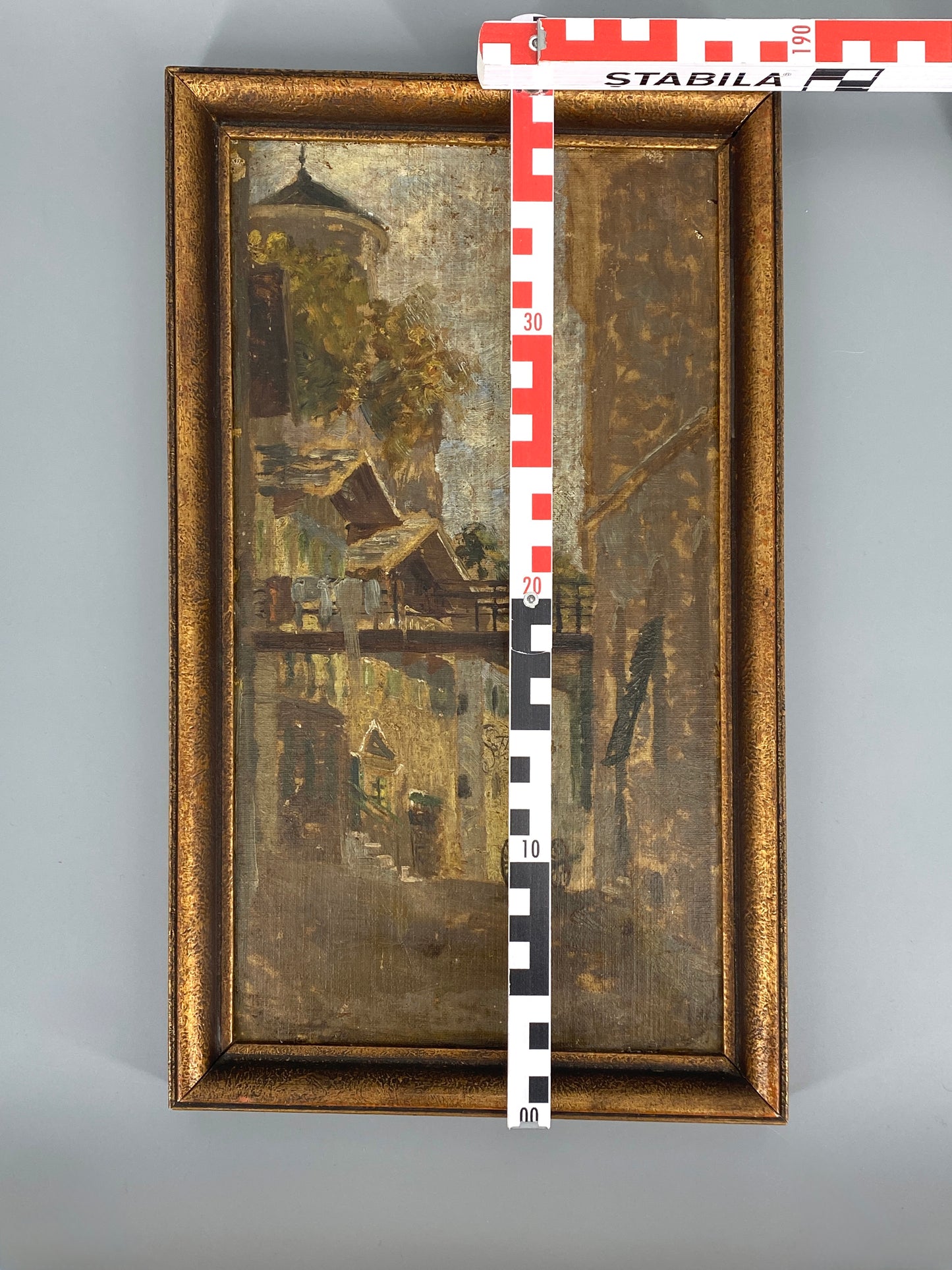 Antikes Ölgemälde "Straßenansicht" auf dünner Sperrholzplatte, vermutlich von Adolf Eduard Storck (1854–1913)