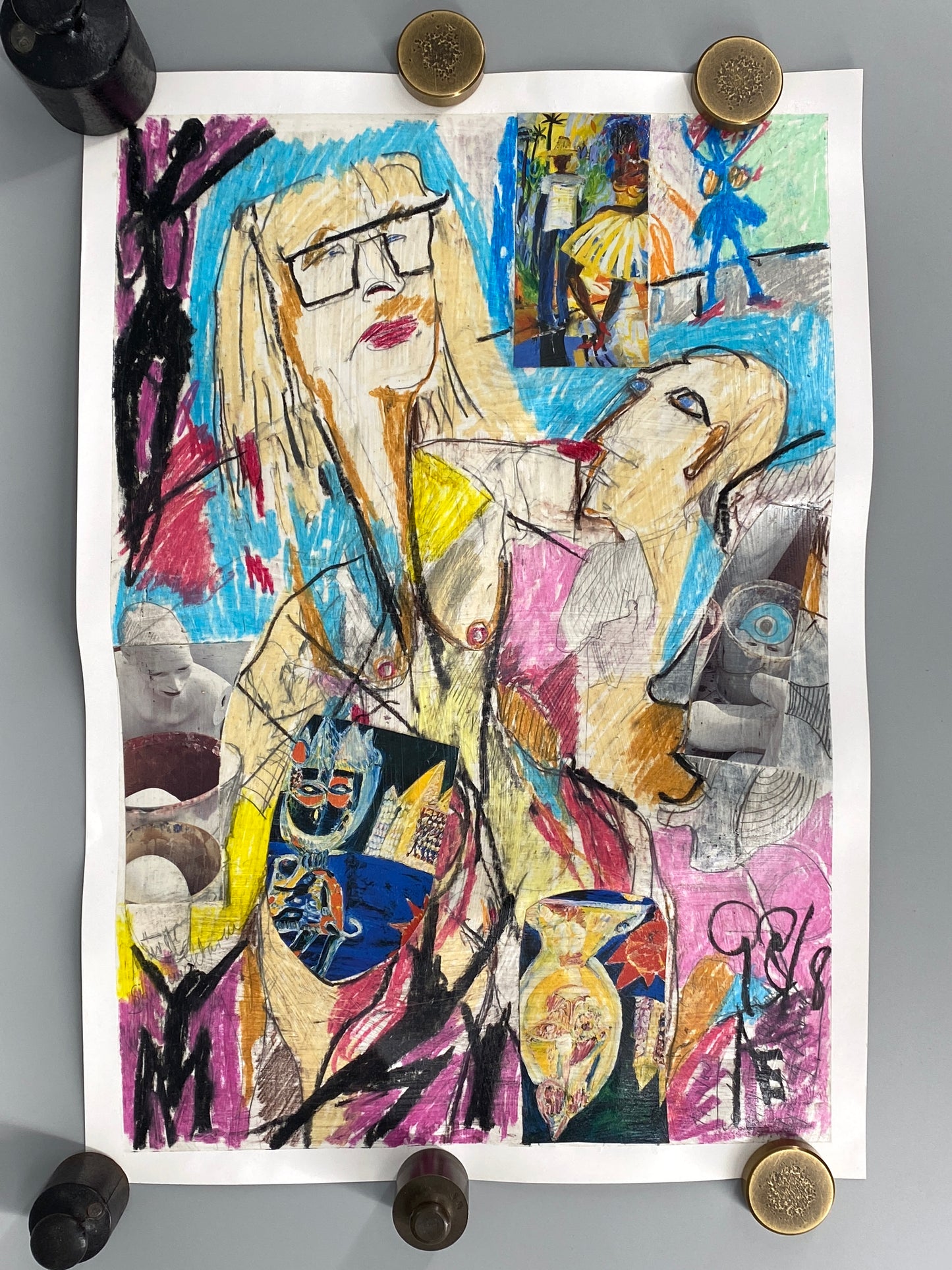Signiertes Gemälde "Sexualisierte Szene" mit Offsetausschnitten auf leichtem Karton, unbekannter Künstler, 1998