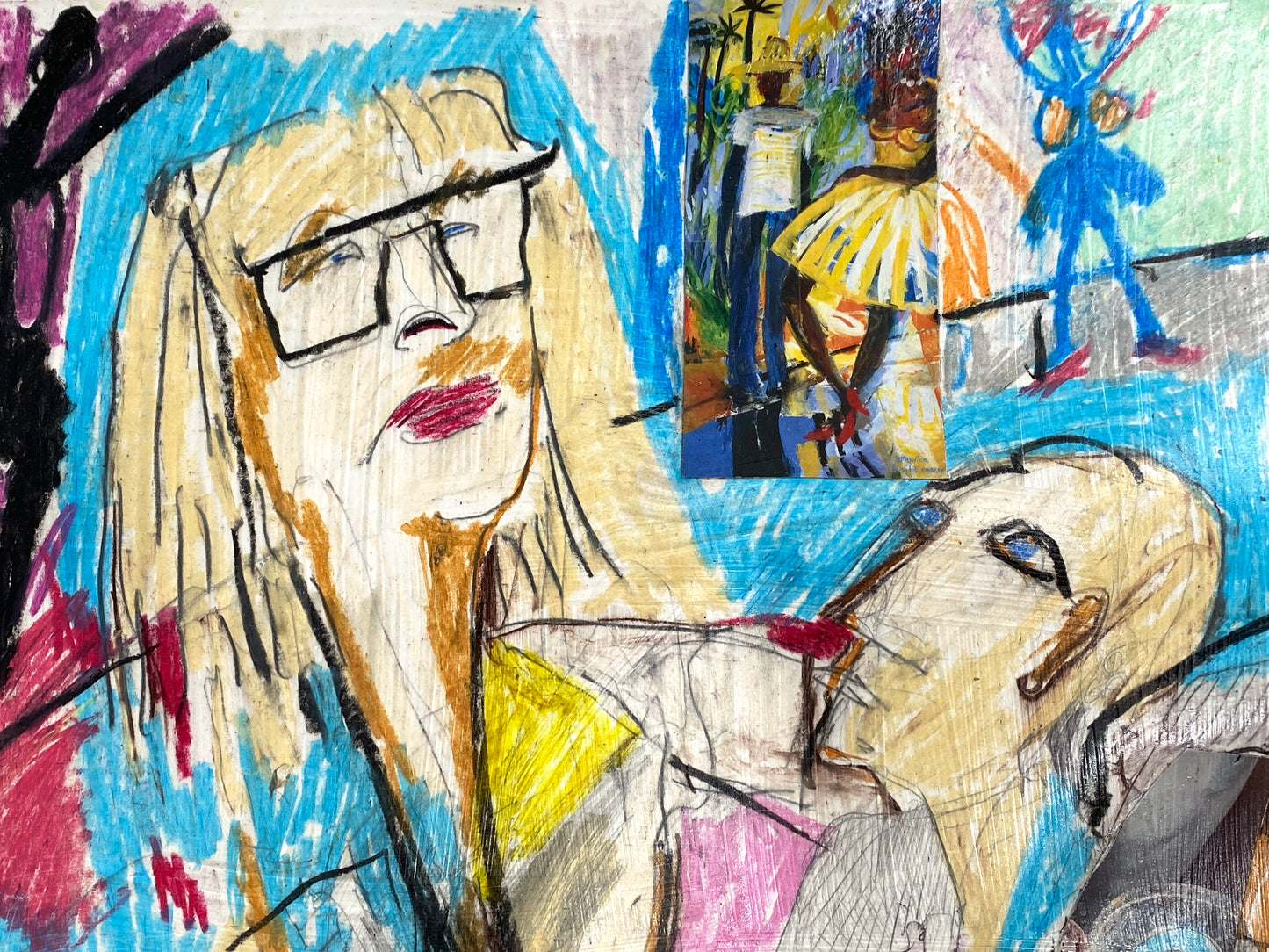Signiertes Gemälde "Sexualisierte Szene" mit Offsetausschnitten auf leichtem Karton, unbekannter Künstler, 1998