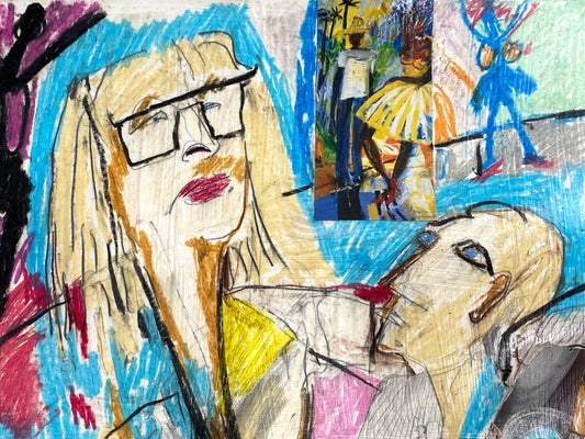 Signiertes Gemälde "Sexualisierte Szene" mit Offsetausschnitten auf leichtem Karton, unbekannter Künstler, 1998