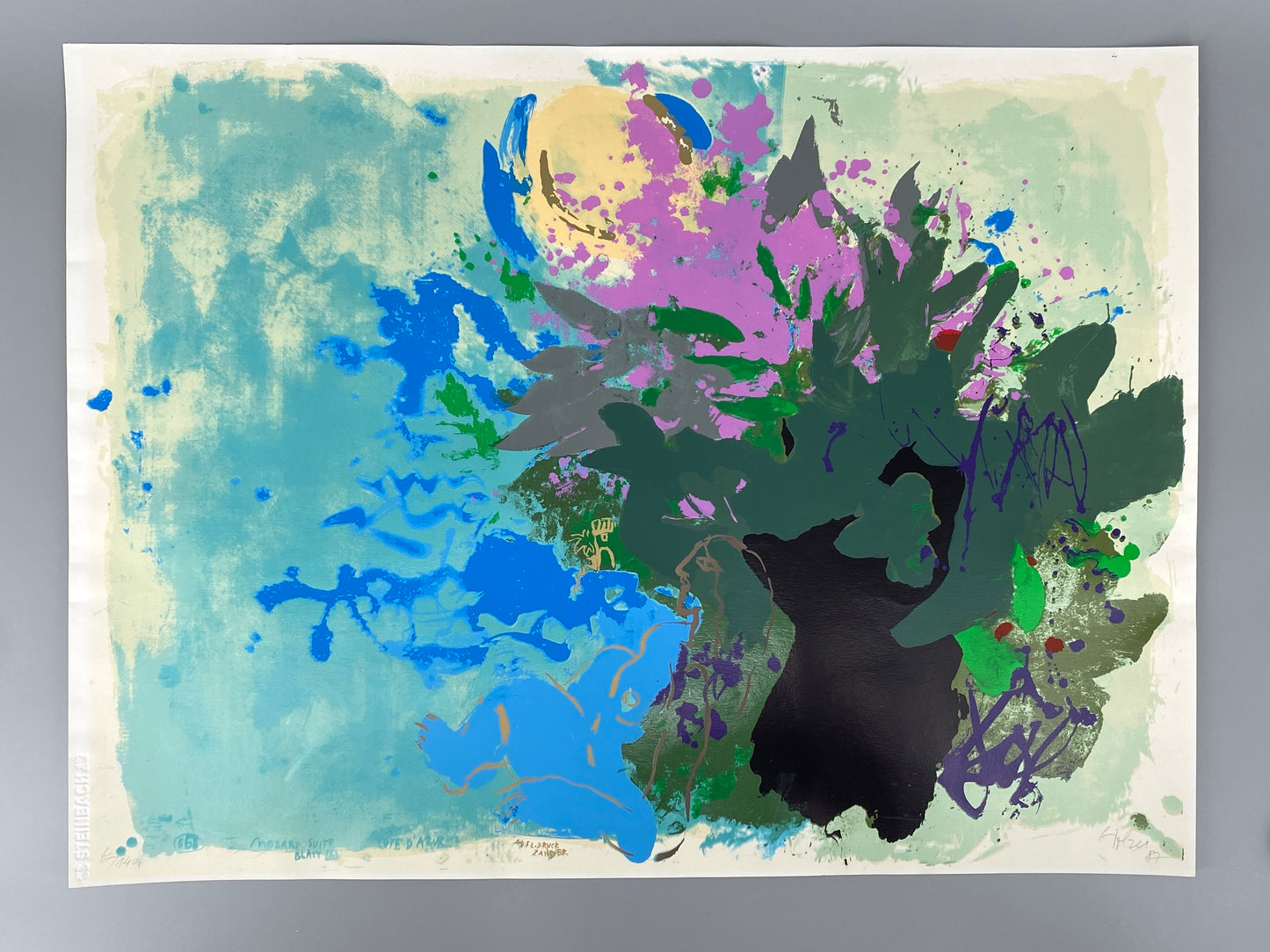 Handsignierter, farbenfroher Siebdruck mit glänzenden und matten Farben aus der Reihe "Mozart Suite" von Adi Holzer (geb. 1936), 1987