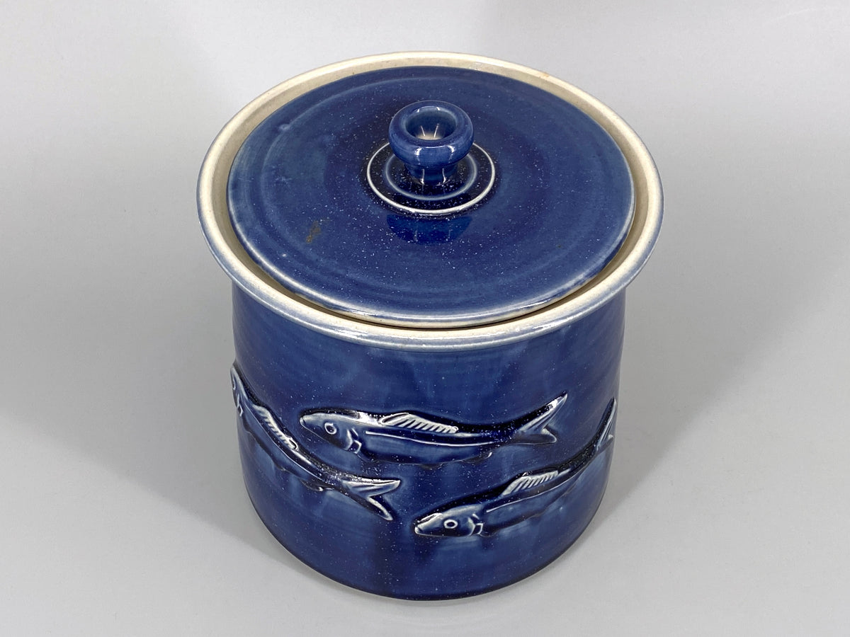 großer maritimer vintage Topf / Aufbewahrung / Vorratsdose mit Fischen aus Keramik