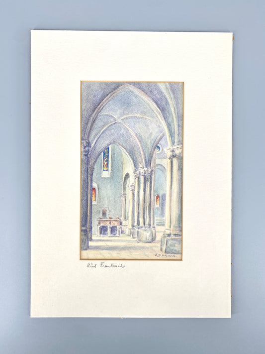 Aquarell, Innenansicht einer Kathedrale in Blau