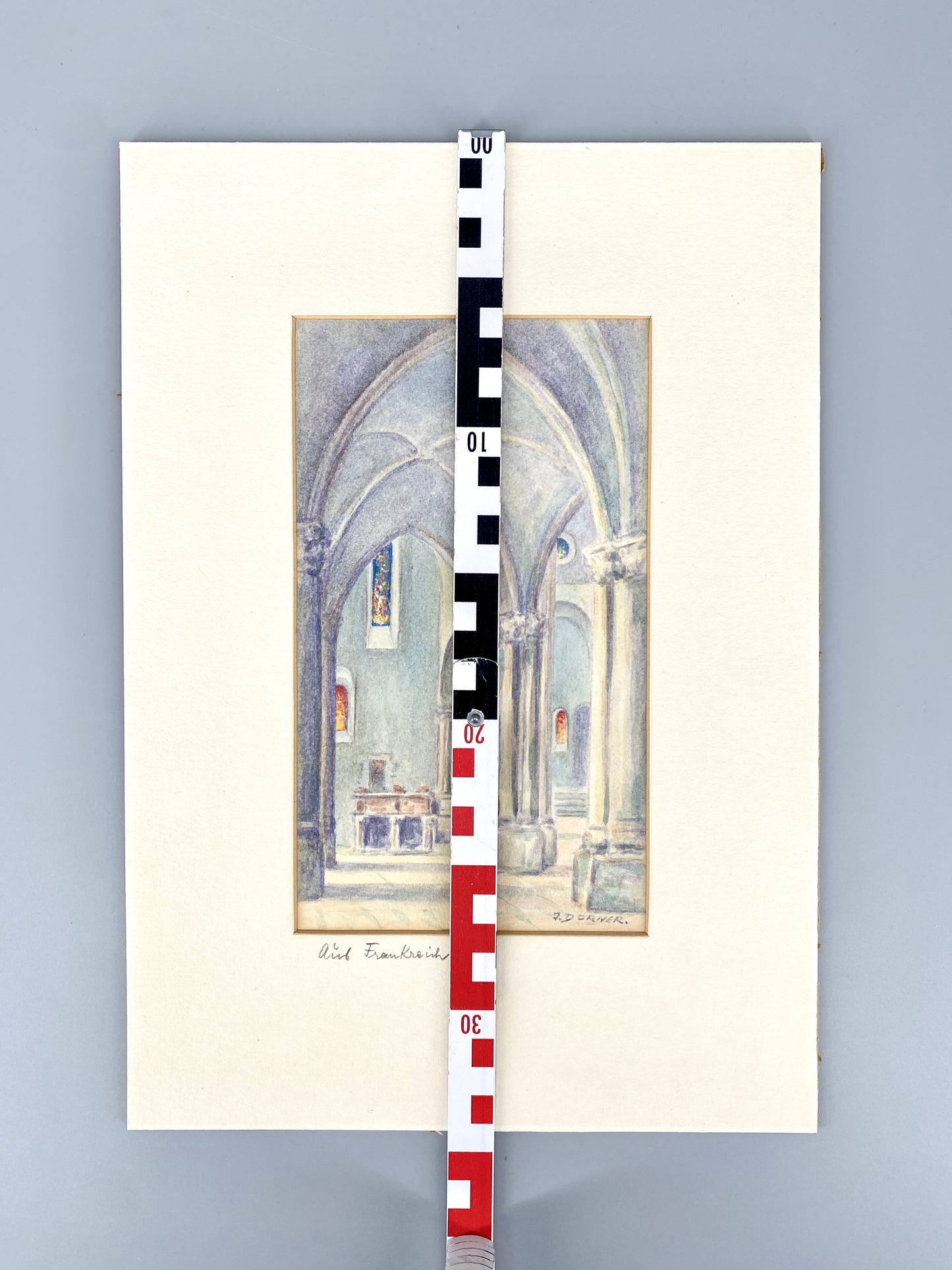 Aquarell, Innenansicht einer Kathedrale in Blau